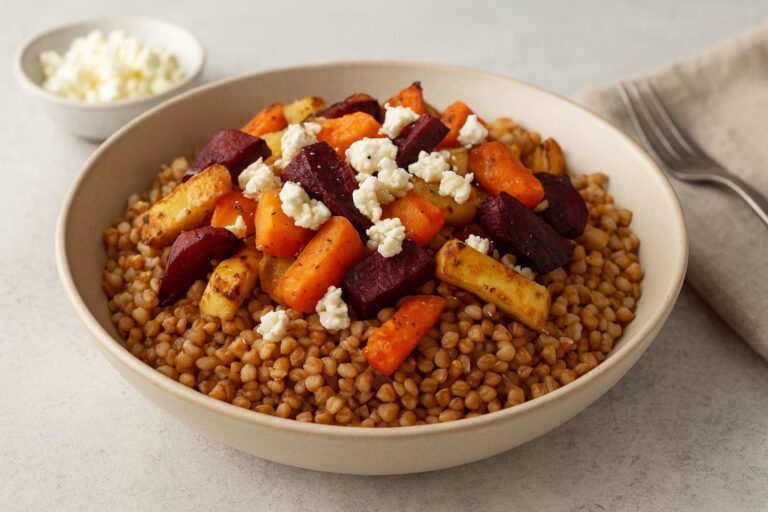 Kasza gryczana z serem feta oraz warzywami korzeniowymi. Pomysł na obiad