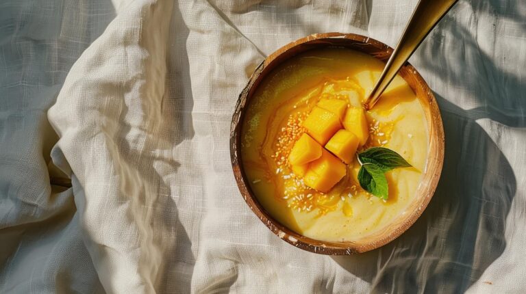 Kasza jaglana na mleku kokosowym z mango i wiórkami. Pomysł na śniadanie na słodko